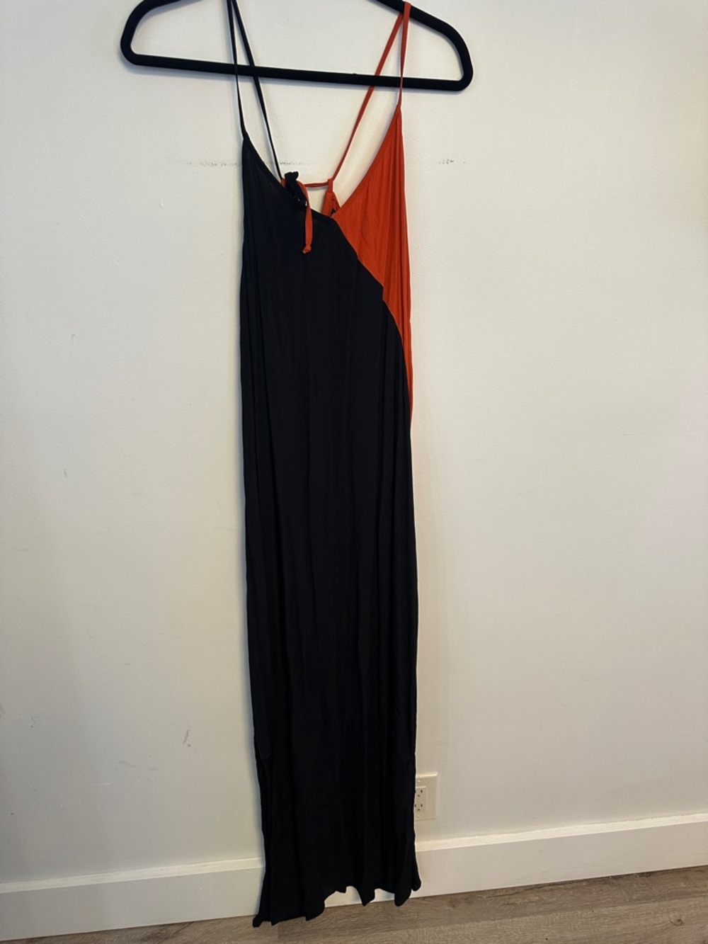 Zane Black and Rust Orange Diagonal Two-Tone Spaghetti-Strap Maxi